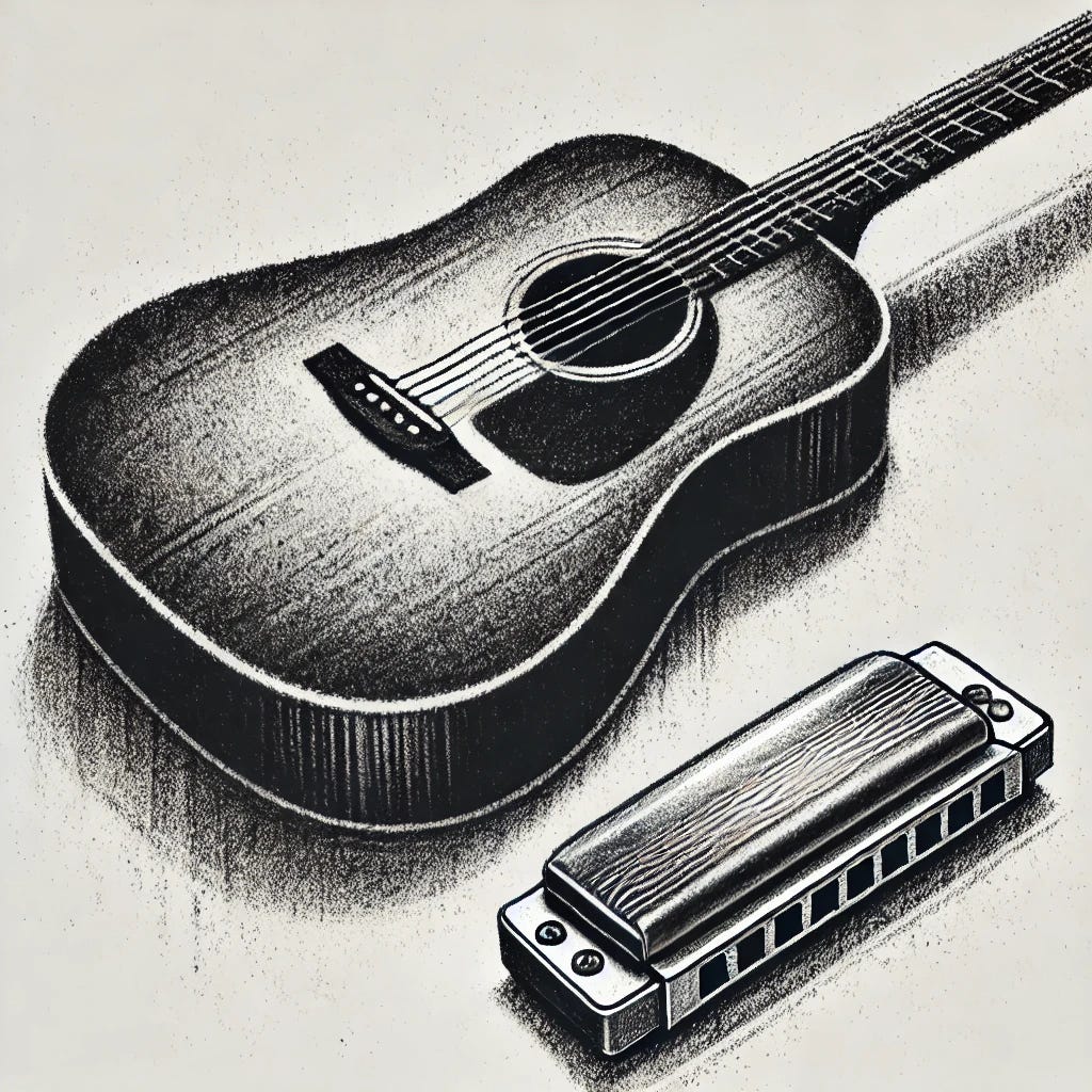 Charcoal-style minimalist illustration of a guitar and harmonica set up. The guitar is depicted in a simple, stylized form with soft, textured charcoal strokes, alongside a harmonica lying nearby. The composition is clean and uncluttered, focusing on the essential shapes and details of the musical instruments. The illustration uses shades of black and gray, emphasizing a classic, hand-drawn charcoal texture while maintaining a minimalist aesthetic.