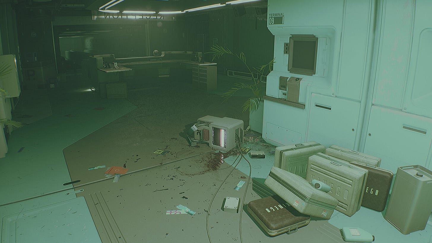 In a lunar space station, the office supplies have been cast across the floor