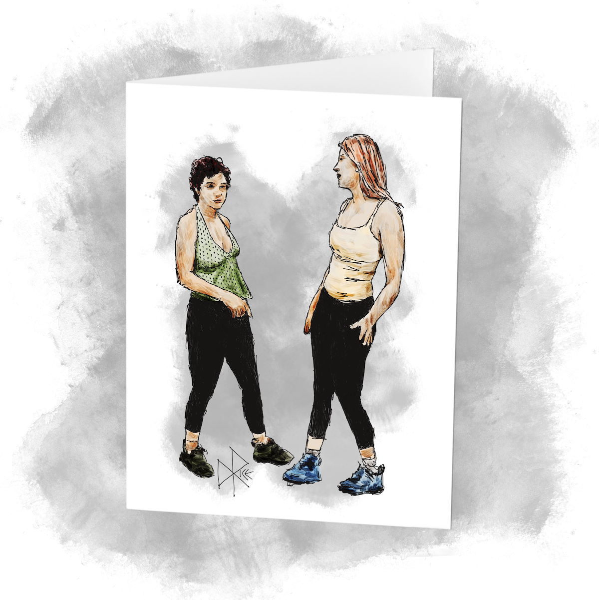 Two young women face each other, prepared to wrestle. Sketch art by Don Rice.