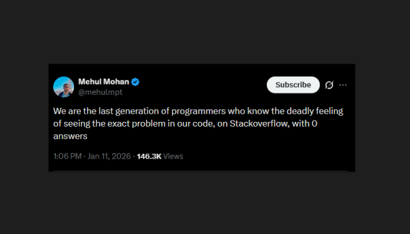 Captura de pantalla de un tuit en modo oscuro de Mehul Mohan (@mehulmpt). El texto dice: “We are the last generation of programmers who know the deadly feeling of seeing the exact problem in our code, on Stackoverflow, with 0 answers”. Abajo se ve “1:06 PM · Jan 11, 2026 · 146.3K views” y a la derecha un botón “Subscribe”.