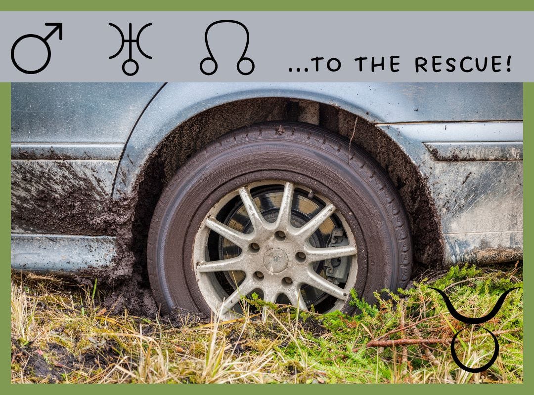 A photo of a car wheel stuck in the mud.