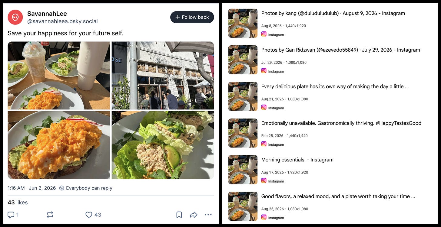 screenshots of a photo post from @savannahleea.bsky.social, and reverse image searchesshowing that the photo is plagiarized screenshots of a photo post from @savannahleea.bsky.social, and reverse image searchesshowing that the photo is plagiarized