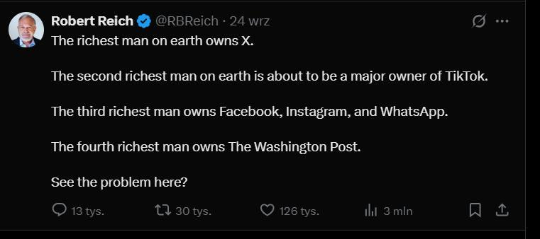 Może być zdjęciem przedstawiającym 1 osoba i tekst „Robert Reich The richest man on earth owns . The second richest man on earth is about to be a major owner of TikTok. The third richest man owns Facebook, Instagram, and WhatsApp. 1 The fourth richest man owns The Washington Post. See the problem here?”