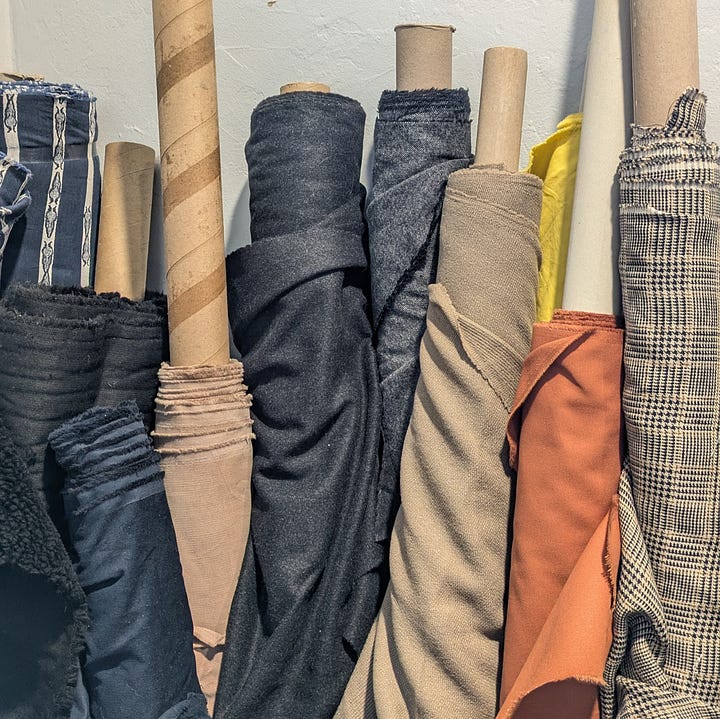 Cozy fall vibes: L-Chore coat sample with naturally dyed pockets, cool weather fabrics from our reuse center