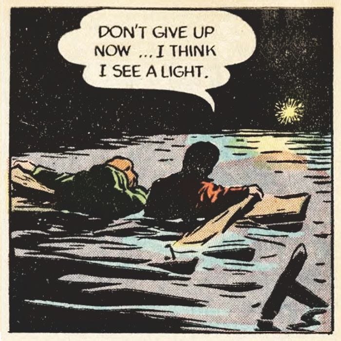 This may contain: an old comic strip with two people floating in the water and one person on a surfboard This may contain: an old comic strip with two people floating in the water and one person on a surfboard