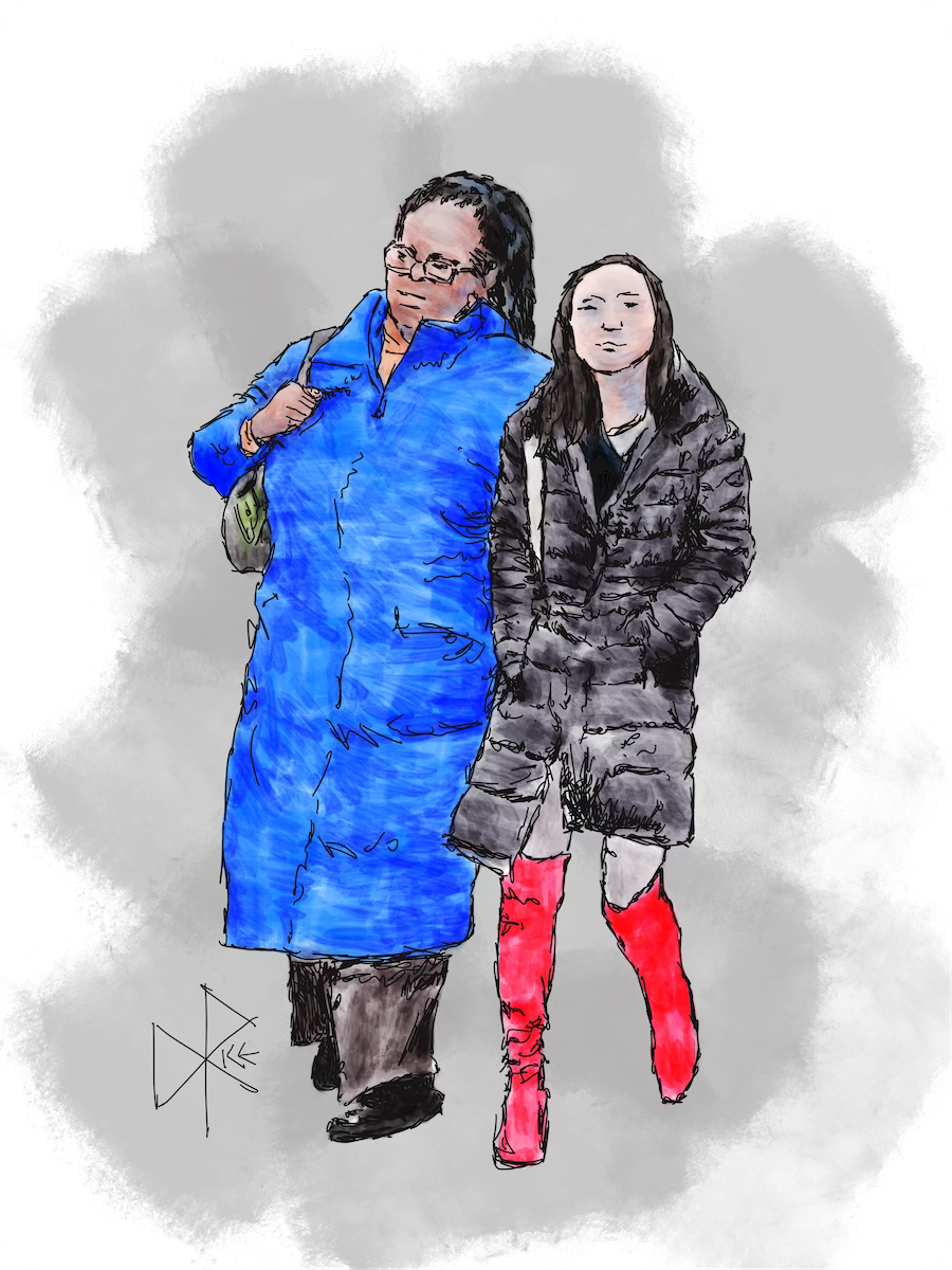 Two women walking close to each other, in their winter coats. One wears a bright blue jacket and the other wears striking red boots. Sketch art by Don Rice.