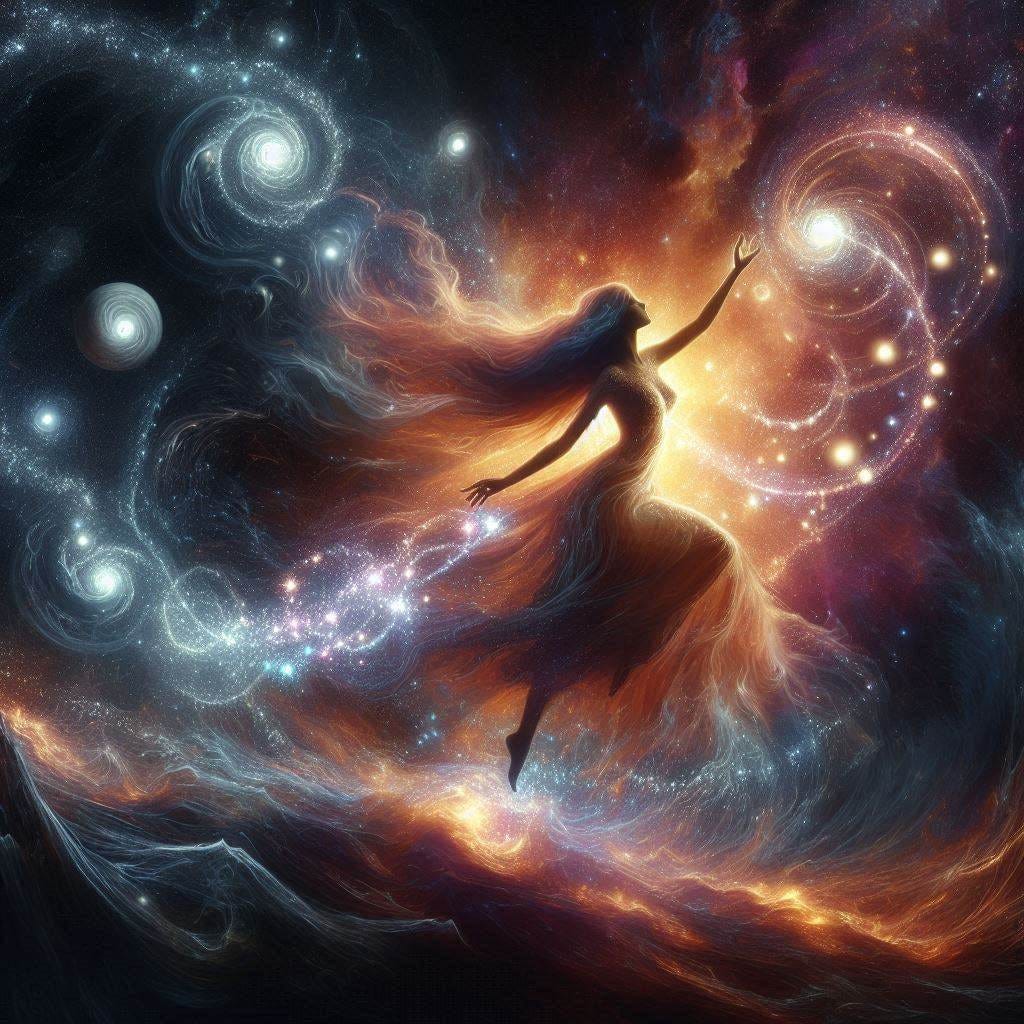 The Goddess Eurynome creates galaxies with her mystic dancing in space, realistic digital art