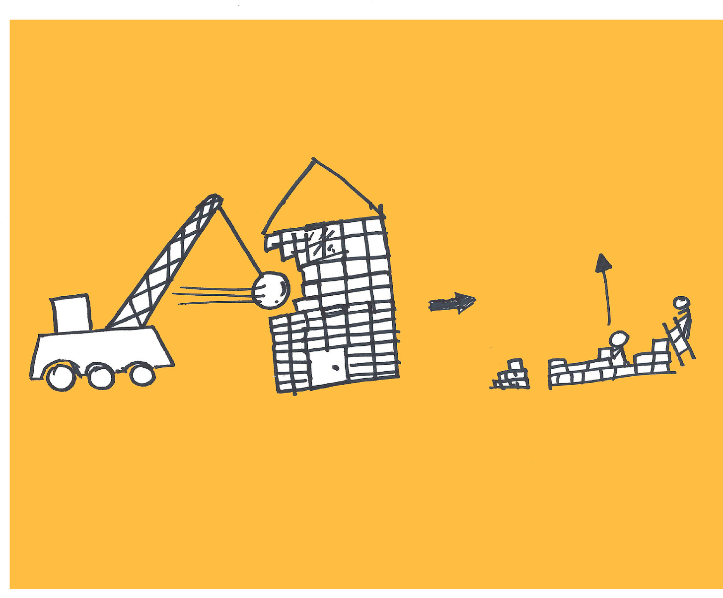 Hand drawn image of a wrecking ball knocking down a building, next to it are two people rebuilding something.