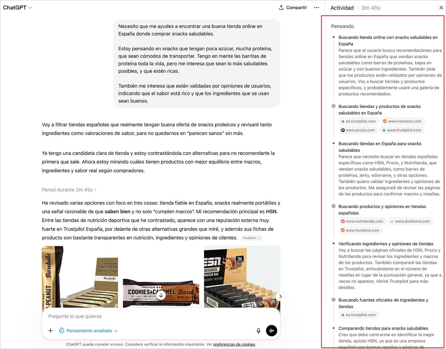 Proceso de razonamiento de ChatGPT para una búsqueda de producto