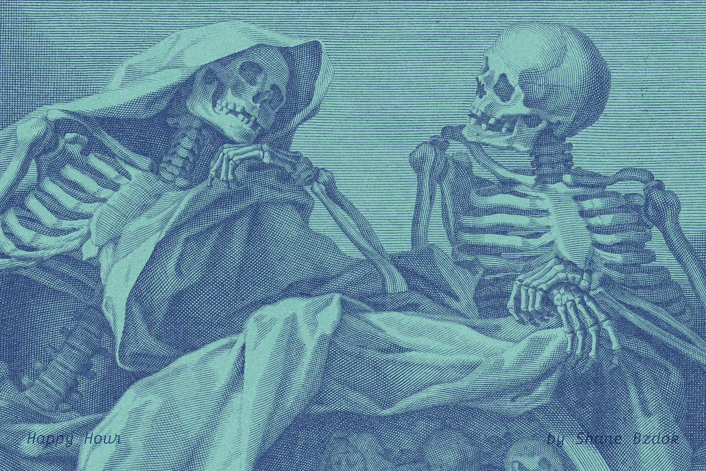 An etching of two skeletons conversing. An etching of two skeletons conversing.