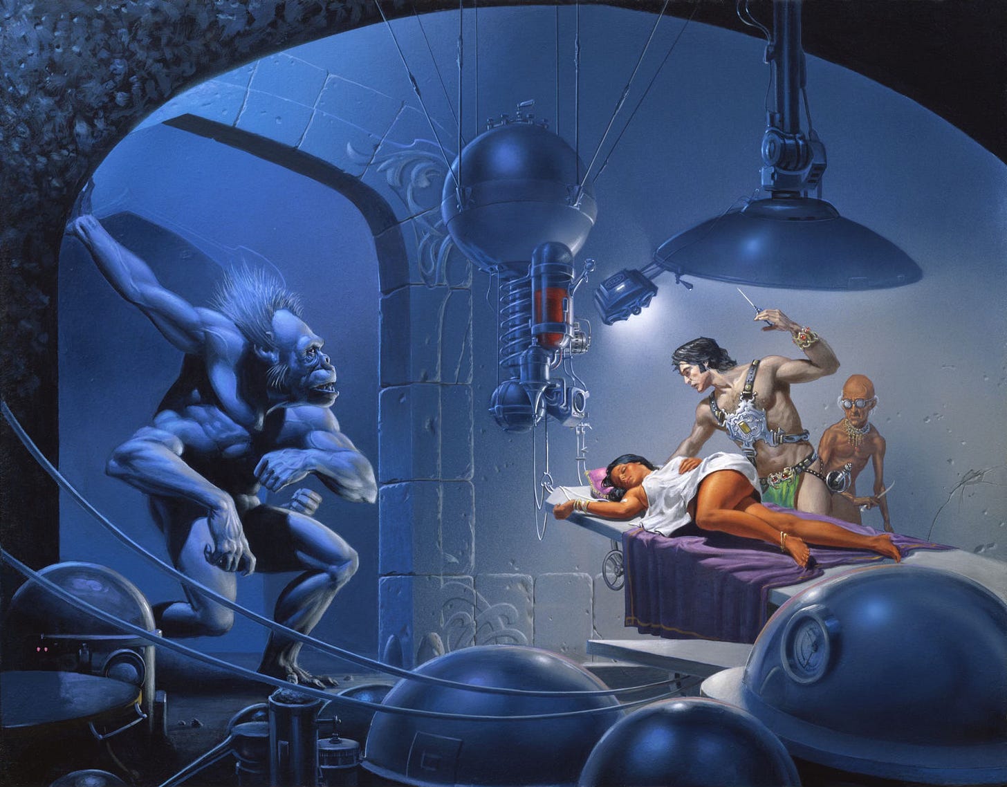 John Carter stands with a hypodermic needle poised over Dejah Thoris, who lays unconscious on an operating table. Tubes run from her arm to a device hanging from the ceiling. A large chamber in the device is filled with blood. An emaciated old man lurks behind them, fixing his goggled stare on John Carter. The Master Mind holds a long slender blade in his hand. Through an archway on the left, a four-armed white ape enters. John Carter stands with a hypodermic needle poised over Dejah Thoris, who lays unconscious on an operating table. Tubes run from her arm to a device hanging from the ceiling. A large chamber in the device is filled with blood. An emaciated old man lurks behind them, fixing his goggled stare on John Carter. The Master Mind holds a long slender blade in his hand. Through an archway on the left, a four-armed white ape enters.
