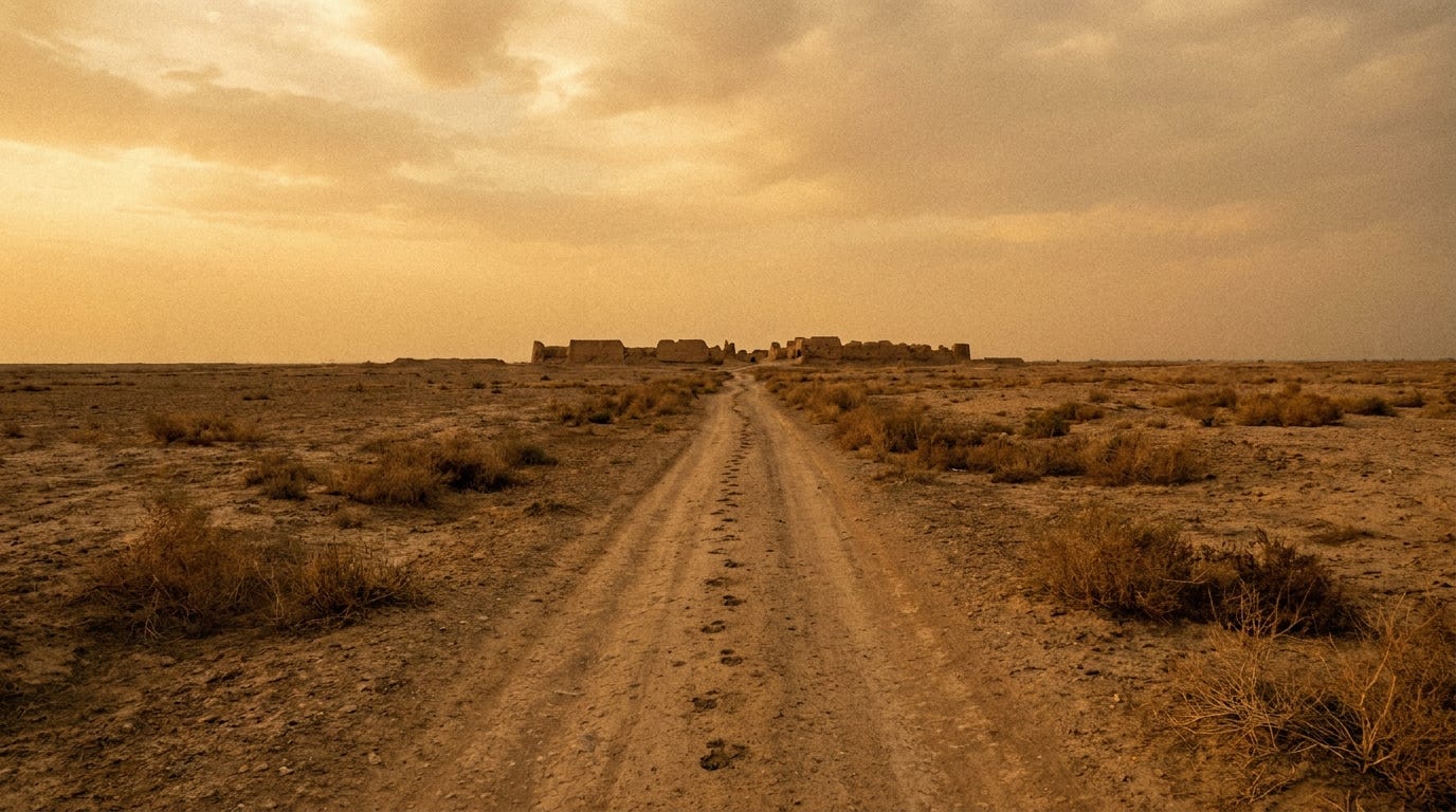 A wide Mesopotamian plain at dusk with a long dirt road running north toward distant mud-brick walls of Haran, a lone set of footprints in the dust, no people, no text A wide Mesopotamian plain at dusk with a long dirt road running north toward distant mud-brick walls of Haran, a lone set of footprints in the dust, no people, no text