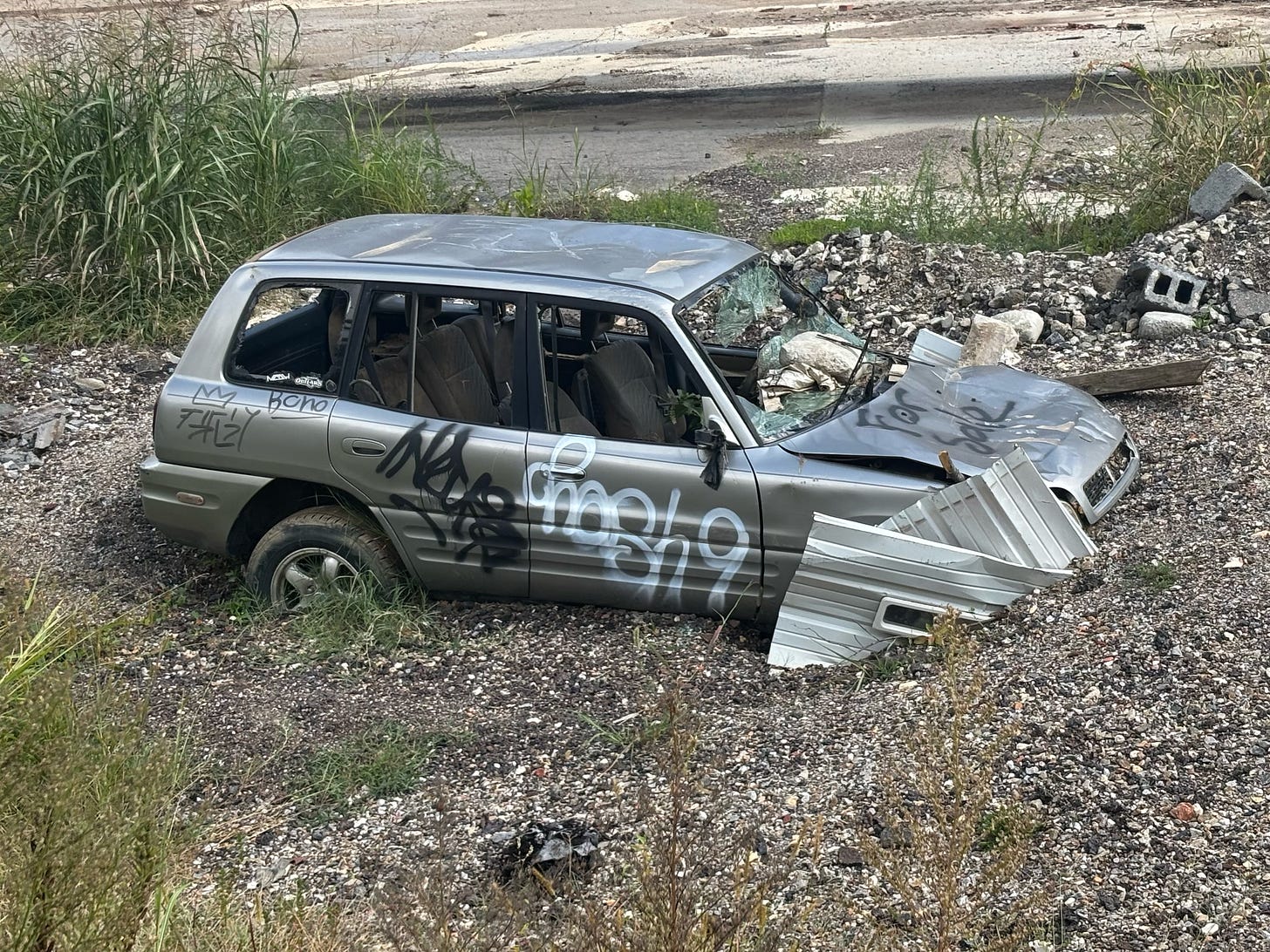 An abandoned car in the River Arts District near the French Broad River, Asheville, NC.