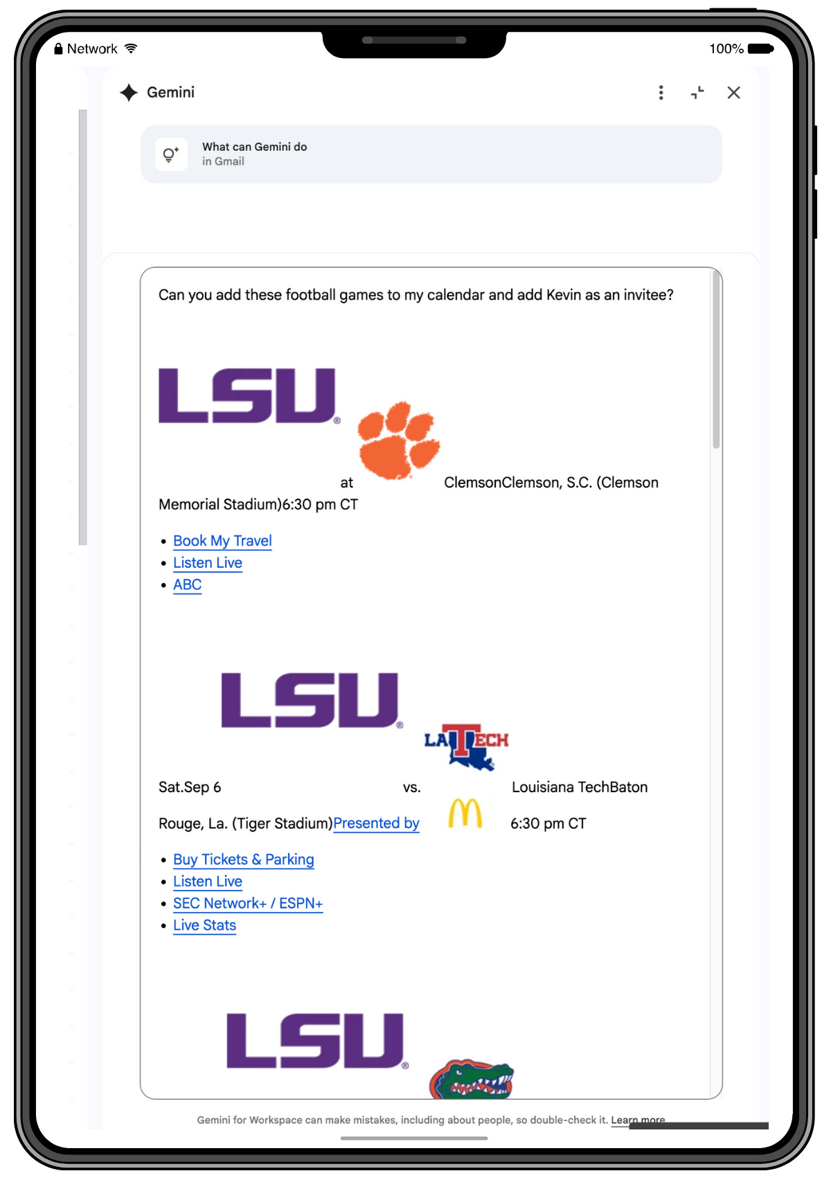 Screenshot of Gemini chat in Gmail showing user pasting LSU football schedule and asking 'Can you add these football games to my calendar and add Kevin as an invitee?