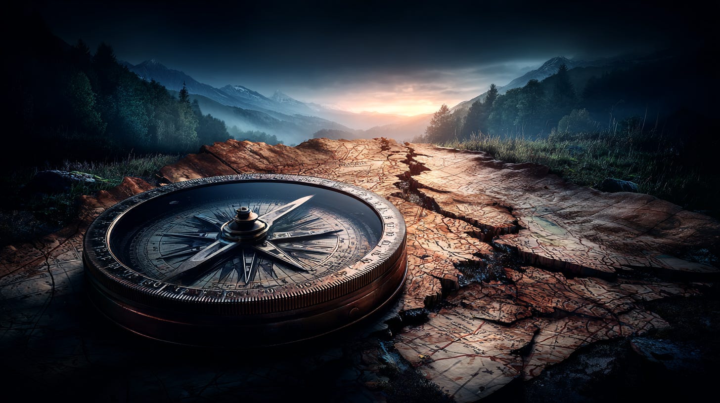 A single weathered surveyor's compass resting on an old topographic map where most of the terrain 