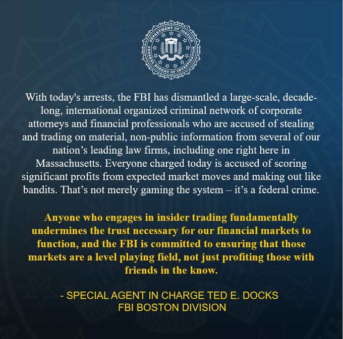 Statement from FBI Boston's Special Agent in Charge Ted E. Docks on today's takedown of a large-scale, international insider trading network. Read it in full via the link to the news release.
