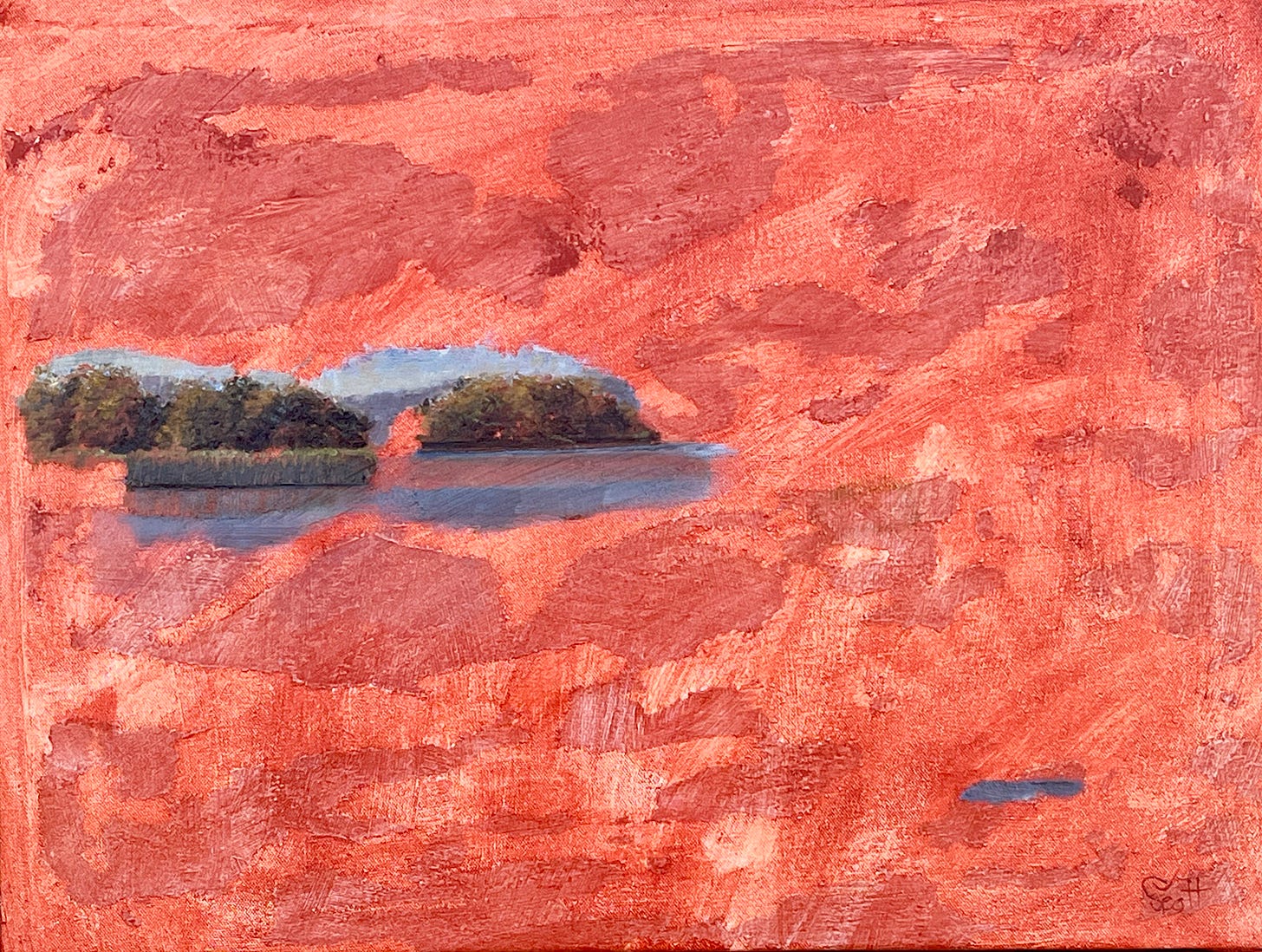 Oil painting by Deborah Scott, Tablas de Daimiel IV: lake and treeline in a field of exposed Venetian red ground, Structural Omission.