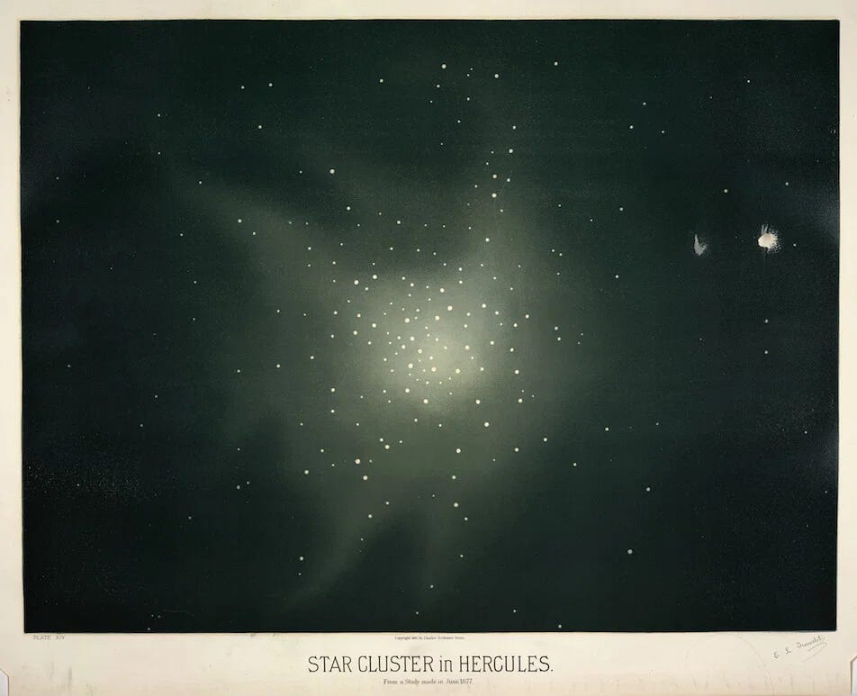 Star Cluster in Hercules, an 1882 astronomical drawing by Etienne Leopold Trouvelot, header for the essay on attachment style