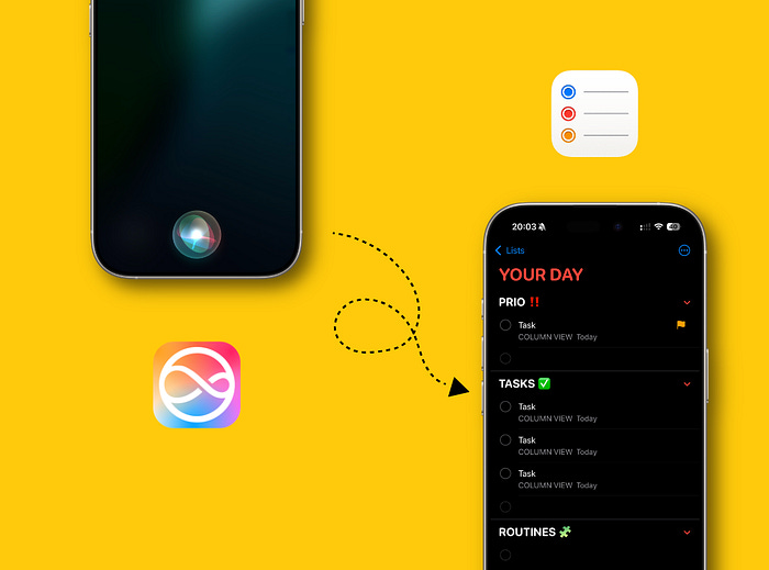 Productivity app concept showing Siri integrated to iPhone Apple Reminders interface with priority tasks, routines, and checklist layout on yellow background. Productivity app concept showing Siri integrated to iPhone Apple Reminders interface with priority tasks, routines, and checklist layout on yellow background.