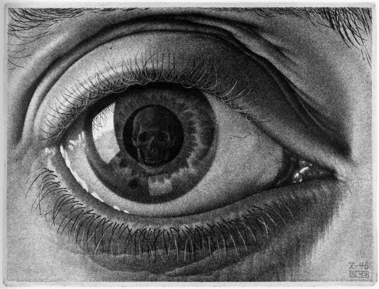 A person looks at their fate in "Eye" By M. C. Esher (1946). Can death be cured? A person looks at their fate in "Eye" By M. C. Esher (1946). Can death be cured?