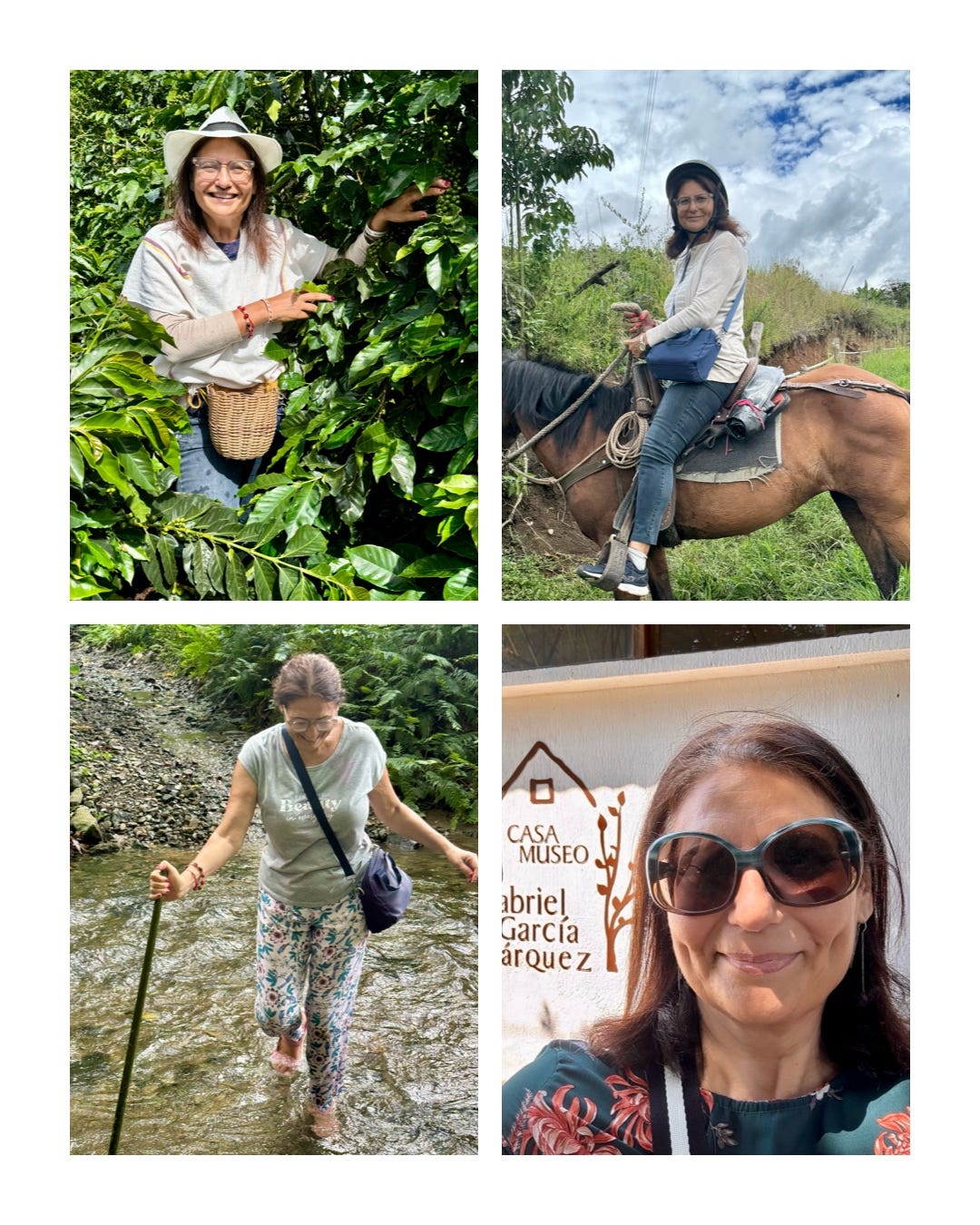 1. En una plantación cafetera en Jardín, Antioquia. 2. A caballo para llegar a los lugares arqueológicos más alejados de San Agustín. 3. Cruzando un camino después de una tormenta en Capurgana y 4. En Macondo/Aracataca.