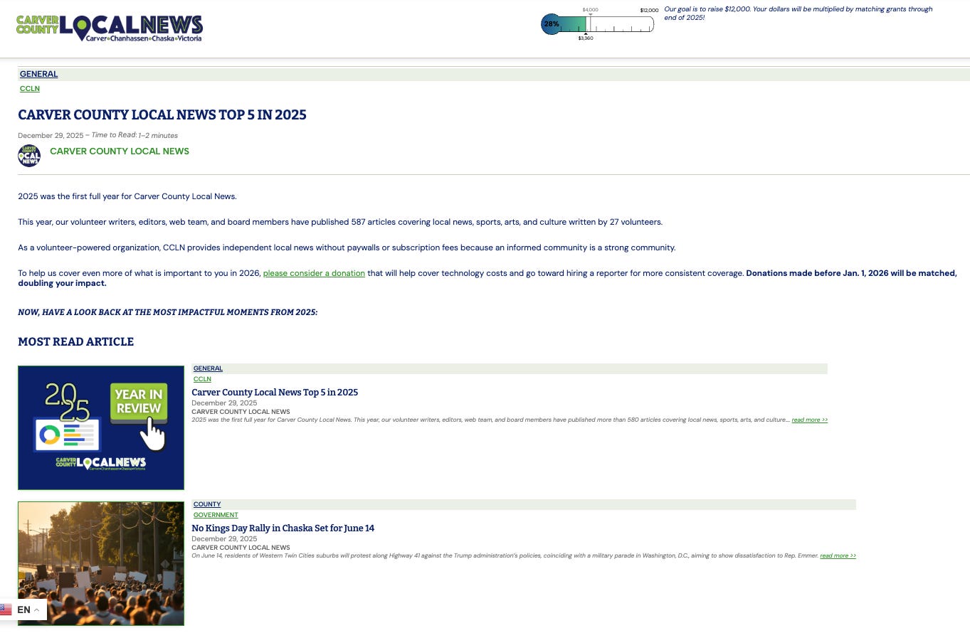 Screenshot of top news stories of 2525 for Carver County Local News featuring No Kings Day