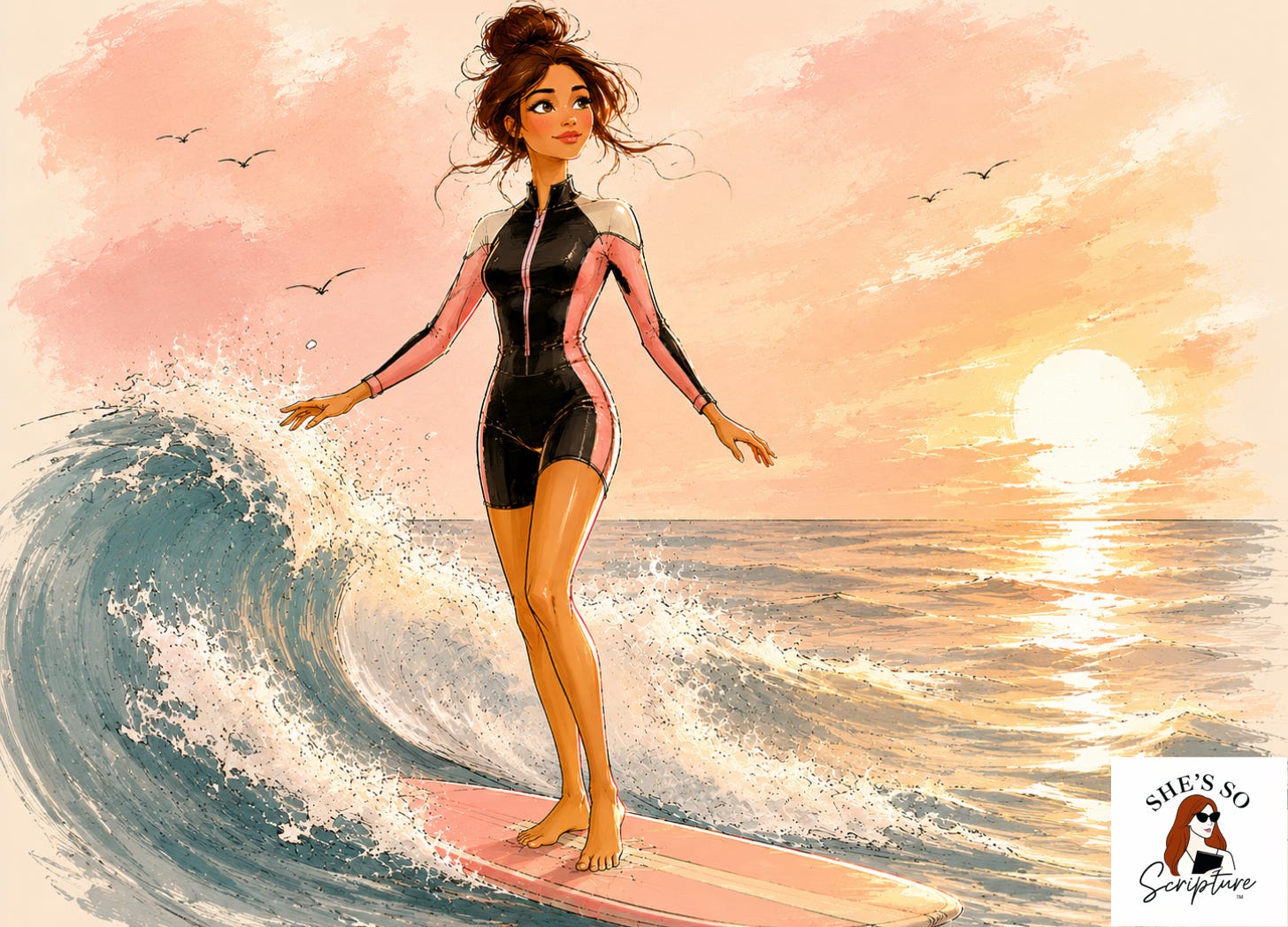 A whimsical ink and watercolor illustration of a woman standing poised on a surfboard, riding a gentle wave with a calm and grounded expression, surrounded by warm golden light in blush pink and cream tones. A whimsical ink and watercolor illustration of a woman standing poised on a surfboard, riding a gentle wave with a calm and grounded expression, surrounded by warm golden light in blush pink and cream tones.
