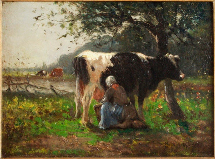 'Melkende boerin' - olieverf op doek: H.A. van Ingen (herkomst: coll. Museum Veluwezoom via rkd.nl)