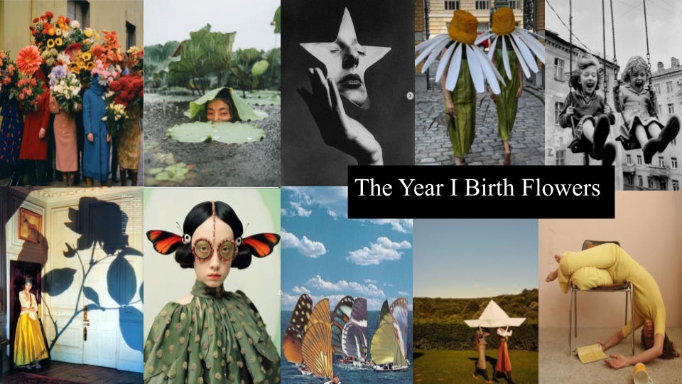 Vision board for the year I birth flowers that includes a lot of weid pictures of people with plants and butterfly wings sprouting from their head. A girl in water with a cabbage as an umbrella. A girl with a rose shadow. Two people with a paper boat on their heads. A girl falling off a chair. A hand holding a mirror in the shape of a star with a face on it and two children swinging