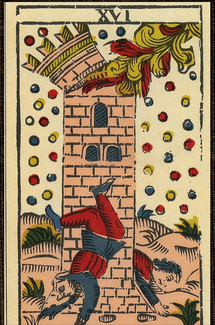 A yellowed card is emblazoned with a beige, gold, red and blue drawing of a stone tower adorned with a crown being ruptured by a blast from the heavens, to figures fall to the ground.