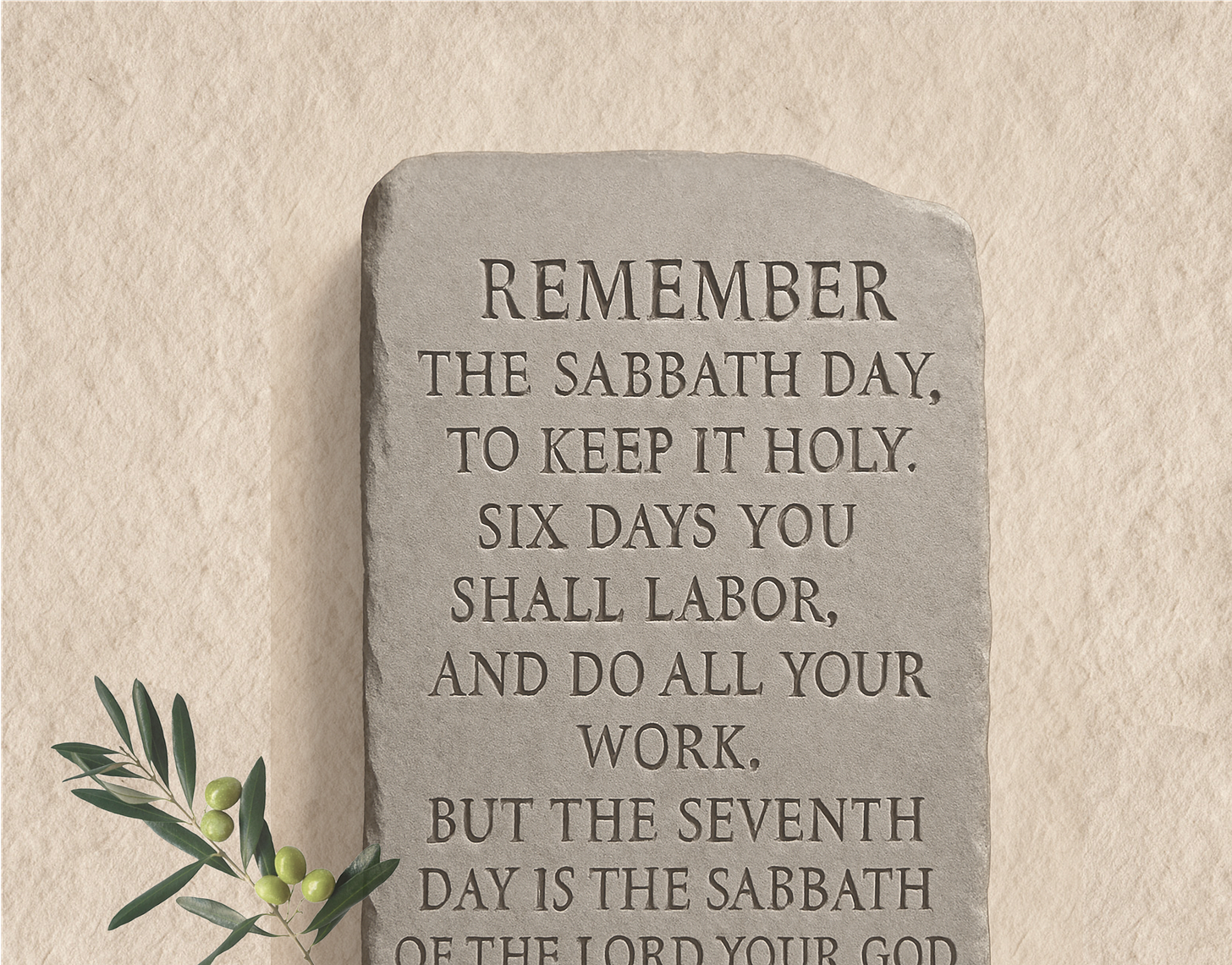 Stone tablet engraved with the words of the Fourth Commandment from Exodus 20: “Remember the Sabbath day, to keep it holy. Six days you shall labor, and do all your work, but the seventh day is the Sabbath of the Lord your God.” A small olive branch with green olives rests beside the tablet, set against a soft parchment-like background.