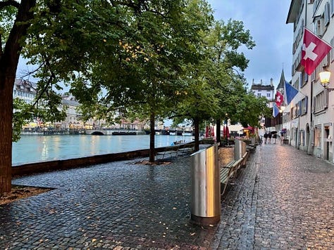 views around Zurich: lakeside sunset, a walk along Limmat River, the ZHB