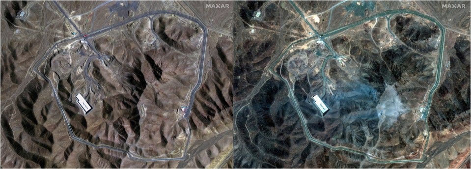Satellite images of the Fordow underground complex in Iran before and after a U.S. strike.