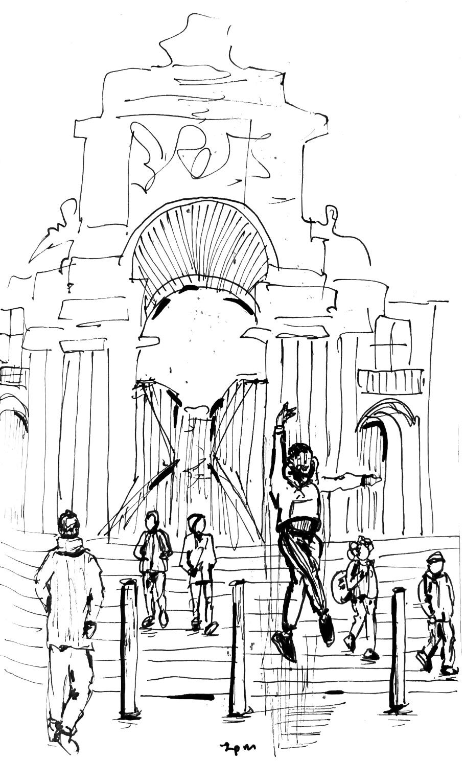 Image: black & white sketch with fine liner pen and brush pen of a scene at the popular Praco do Comercio square (Commerce Square) in Lisbon. The sketch is done from the perspective of the front of the building. People are crossing the street from the building to where the sketcher is looking from the opposite of the road. A man, wearing an athletic hoodie and track pants, is leaping up in a ballet/dance pose, one arm vertically up, one arm horizontal, and his right leg is crossing over the left. Yes, looks like a ballet post. Maybe he’s a ballet dancer, asking his friends to take a photo of him, for his Instagram? Image: black & white sketch with fine liner pen and brush pen of a scene at the popular Praco do Comercio square (Commerce Square) in Lisbon. The sketch is done from the perspective of the front of the building. People are crossing the street from the building to where the sketcher is looking from the opposite of the road. A man, wearing an athletic hoodie and track pants, is leaping up in a ballet/dance pose, one arm vertically up, one arm horizontal, and his right leg is crossing over the left. Yes, looks like a ballet post. Maybe he’s a ballet dancer, asking his friends to take a photo of him, for his Instagram?