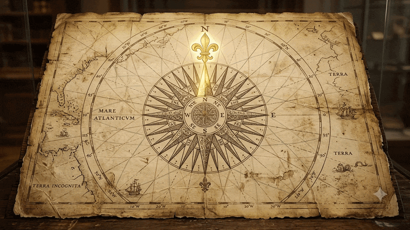 Antique compass rose navigation chart showing multiple paths in faded color with true north highlighted in gold, symbolizing clarity of direction after learning to see