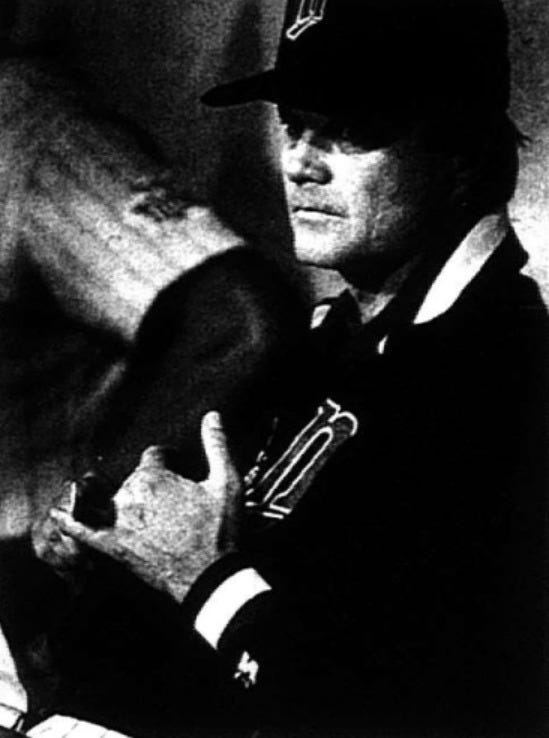 Niekro filing his nails the night after his ejection.