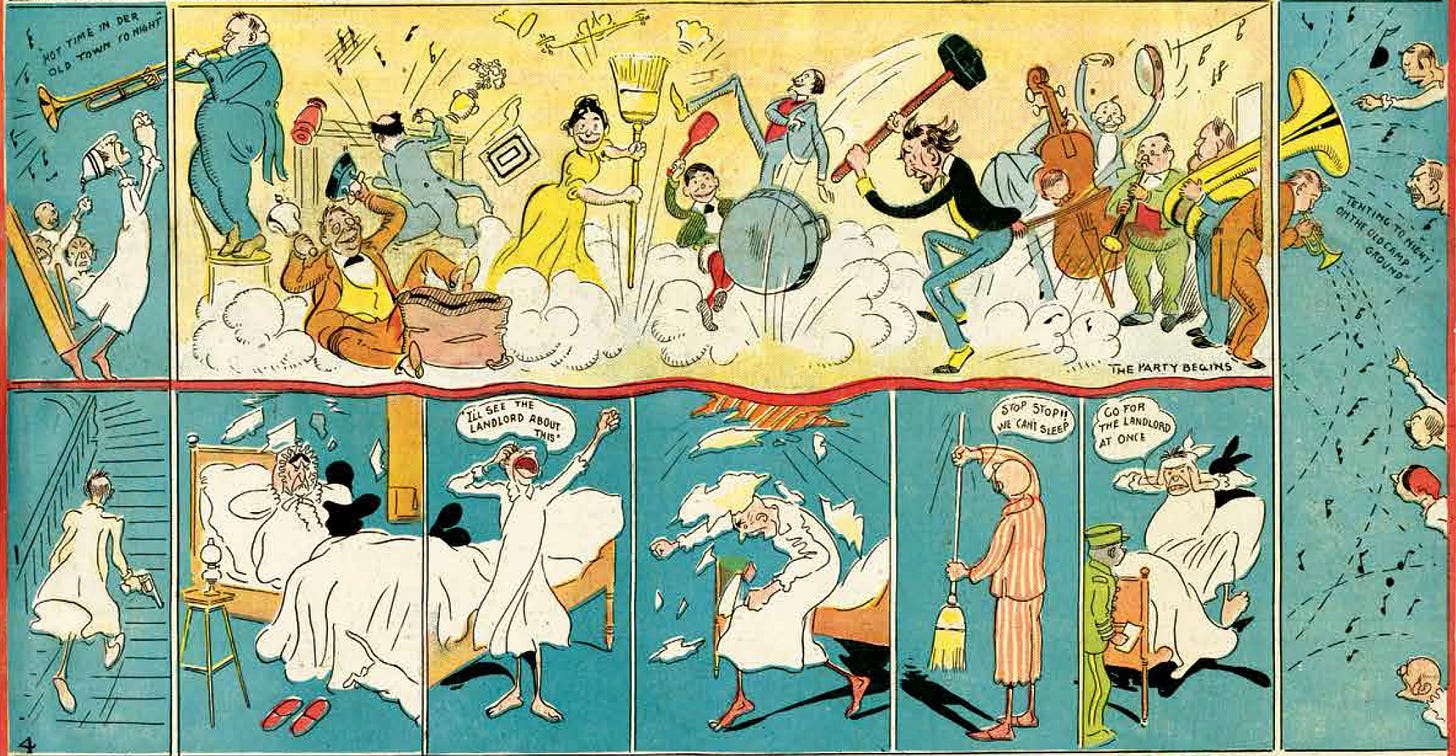 In this 1900 edition of Life in Wrangle Flats, T.E. Powers uses panel borders as walls and ceilings and floors. Neighbors are disturbed by a raucous party, and pound on walls and ceilings to register their displeasure. In this 1900 edition of Life in Wrangle Flats, T.E. Powers uses panel borders as walls and ceilings and floors. Neighbors are disturbed by a raucous party, and pound on walls and ceilings to register their displeasure.
