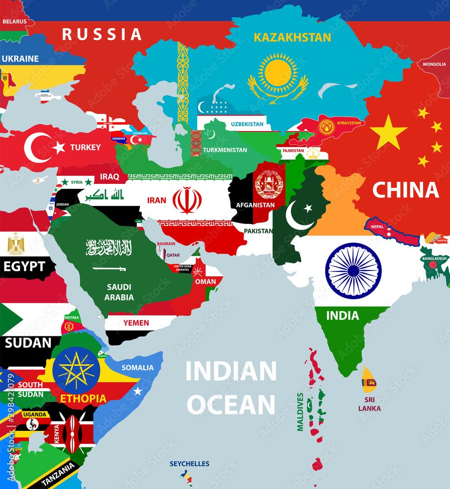 vector part of world map with west asian, east european, arabic and north  african countries mixed with their national flags Stock Vector | Adobe Stock
