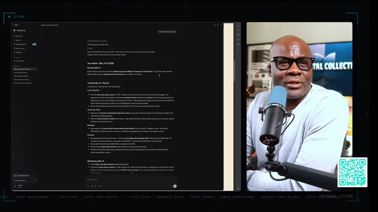 Podcast studio screenshot showing Little Bird week overview with a presenter at a microphone