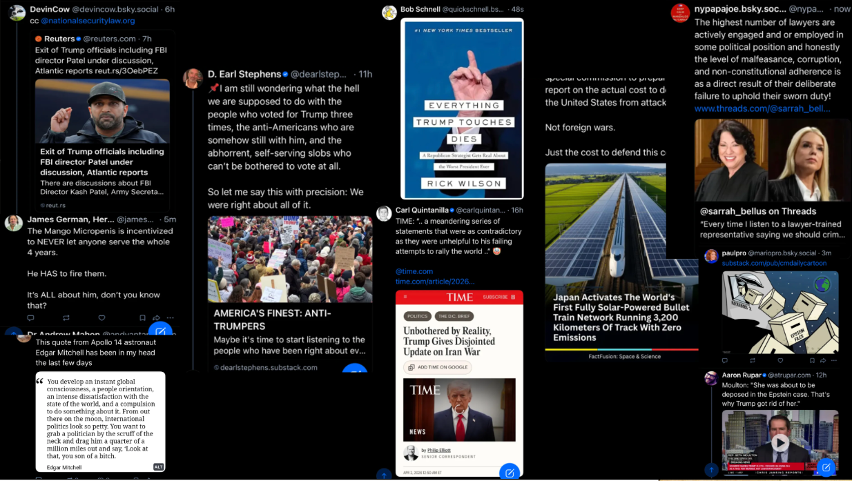 Various Bluesky posts related to the state of the world Various Bluesky posts related to the state of the world