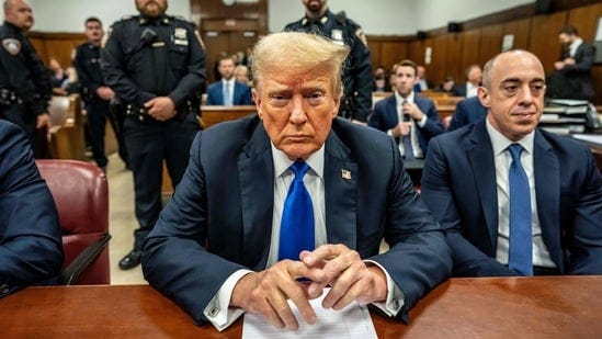 Former US President and Republican presidential candidate Donald Trump attends his criminal trial at Manhattan Criminal Court in New York City, on May 30, 2024.(Photo by Mark Peterson / POOL / AFP)(AFP)