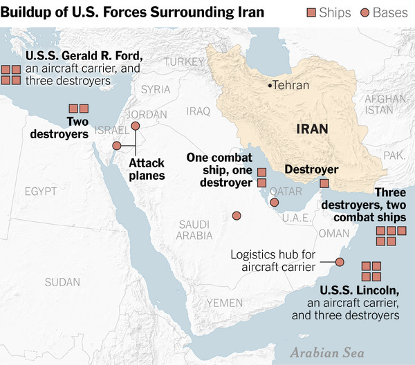 A map showing the U.S. military buildup around Iran.