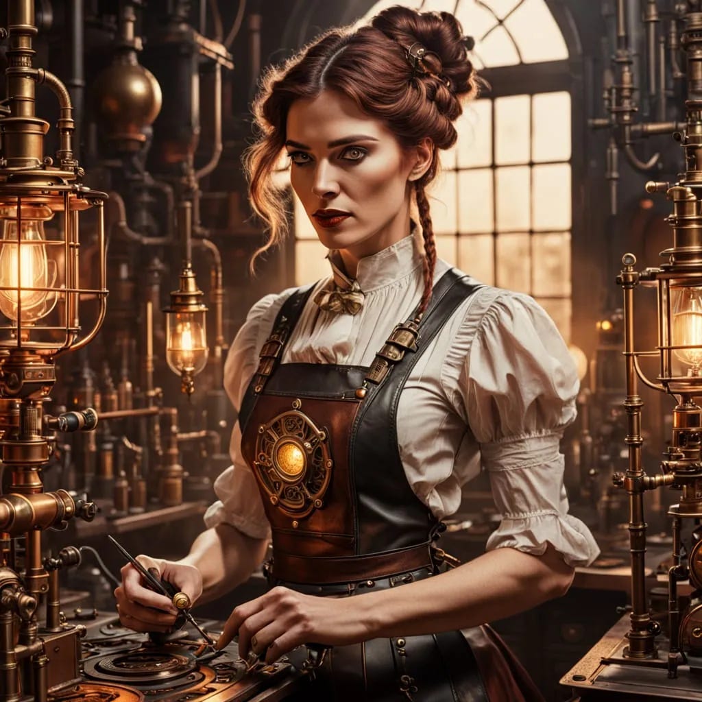 A woman in an Edwardian dress and a leather apron works in her laboratory