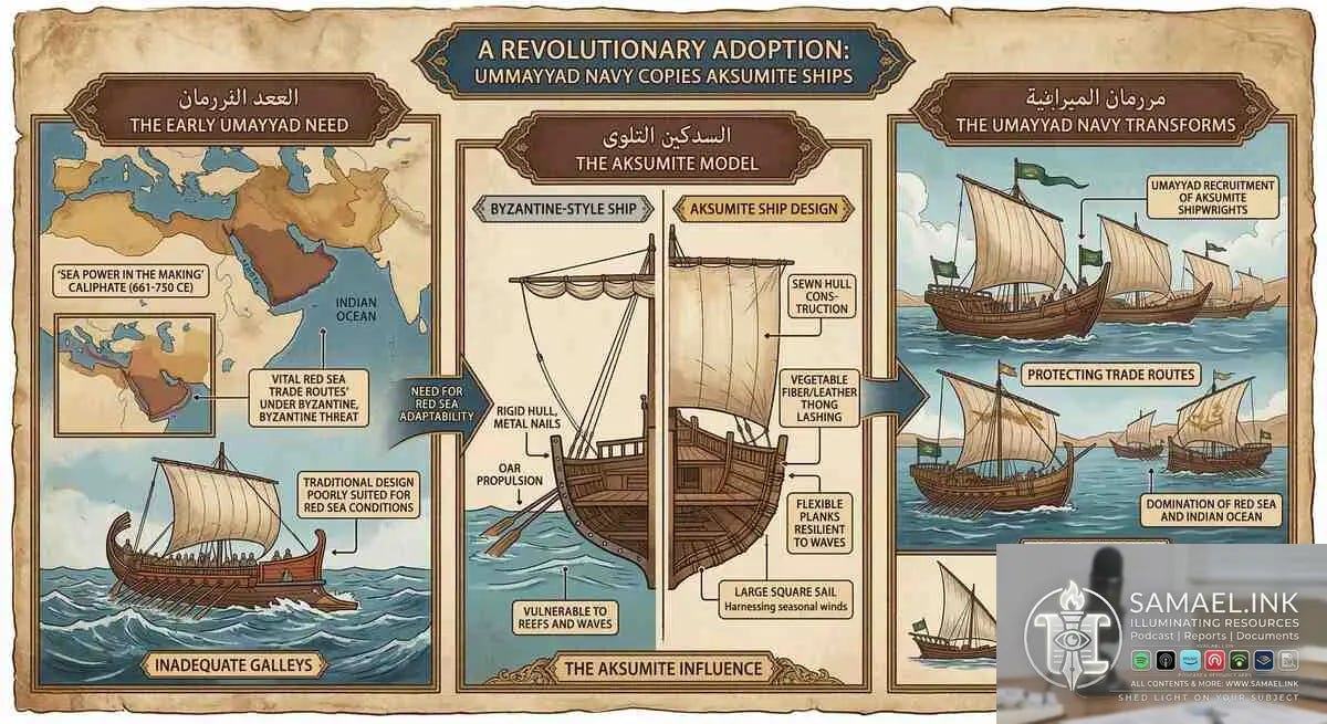 A detailed illustration with three distinct, connected panels, presented in an antique, weathered manuscript style with rich, textured pigments. The left panel shows the vast, desert-based Umayyad Caliphate (labeled "UMAYYAD CALIPHATE (661-750 CE)") attempting to build a fleet, displaying traditional Mediterranean galleys labeled "INADEQUATE BYZANTINE-STYLE GALLEYS." Arrows labeled "NEED FOR RED SEA ADAPTABILITY" point to the middle panel. The middle panel shows a detailed comparison between two ships. On the top, labeled "TRADITIONAL UMAYYAD GALLEY," a cross-section shows rigid hull construction with metal nails. On the bottom, labeled "AKSUMITE SHIP DESIGN," the cross-section shows the sewn hull construction using vegetable fibers and leather thongs, emphasizing its flexible planks and resilience against waves. This panel includes labels for "SEWN HULL CONSTRUCTION," "VEGETABLE FIBER/LEATHER THONG LASHING," "LARGE SQUARE SAIL," and "FLEXIBLE PLANKS." This section is titled "THE AKSUMITE INFLUENCE." The third panel, on the right, labeled "UMAYYAD NAVY," shows a powerful, transformed Umayyad fleet, utilizing the new Aksumite-style dhows (labeled "AKSUMITE-DESIGNED UMMAYYAD SHIPS"), dominating the Red Sea and protecting trade routes. Text labels include "DOMINATION OF RED SEA TRADE ROUTES," "PROTECTION FROM BYZANTINE INCURSIONS," and "LEGACY: SHAPING THE DHOW."