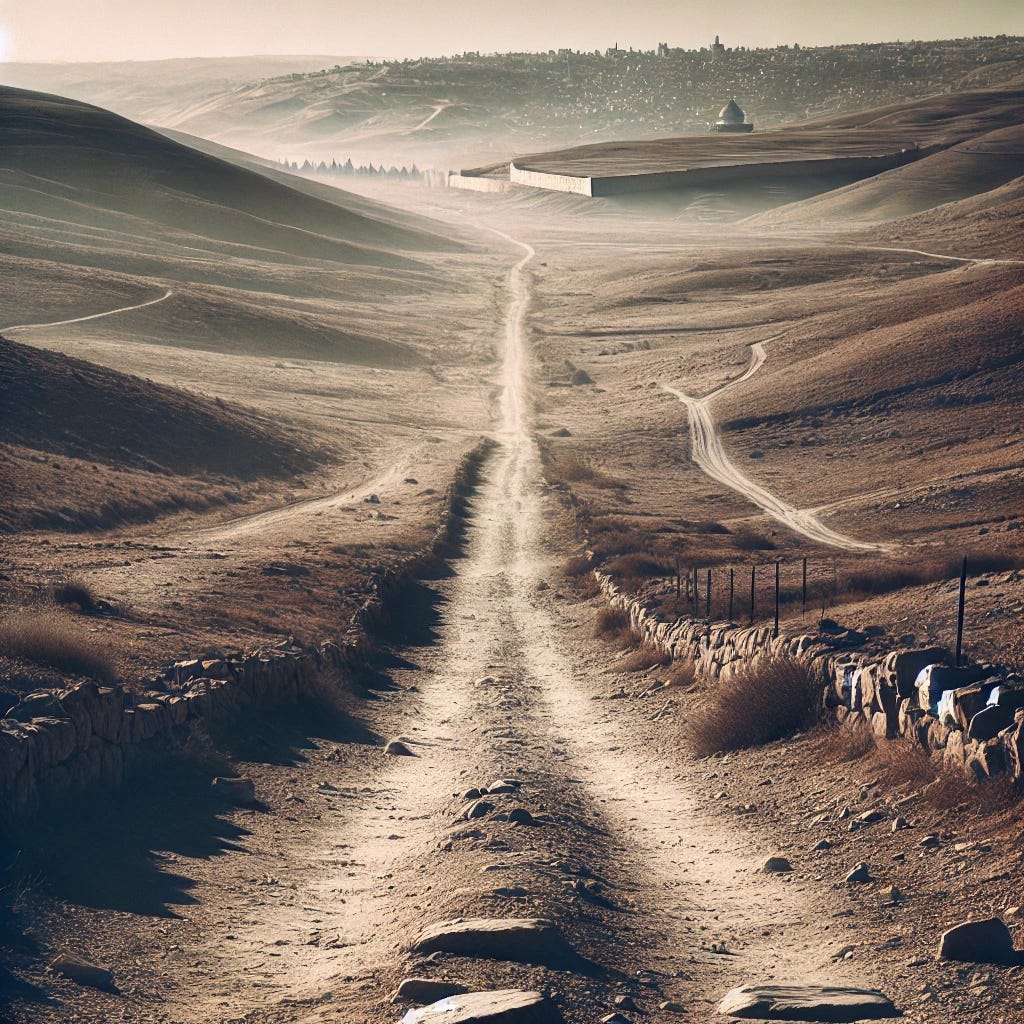 A lonely footpath in ancient Israel during the first century, leading towards Jerusalem. The path is wide and dusty, with no people in sight, only the barren landscape surrounding it. The midday sun casts harsh shadows along the path, and the terrain is dry and arid. In the distance, the faint outline of Jerusalem can be seen on the horizon. The scene is quiet and desolate, conveying a sense of solitude and timelessness, with no vegetation, buildings, or fences other than the distant city.