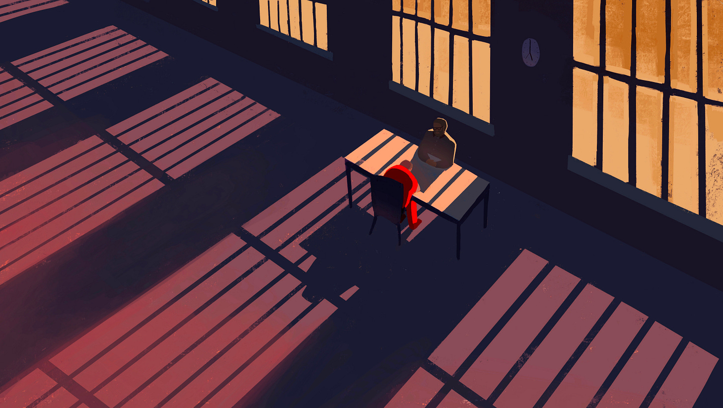 digital illustration of a man and a prison inmate sitting across from each other. the inmate is looking down