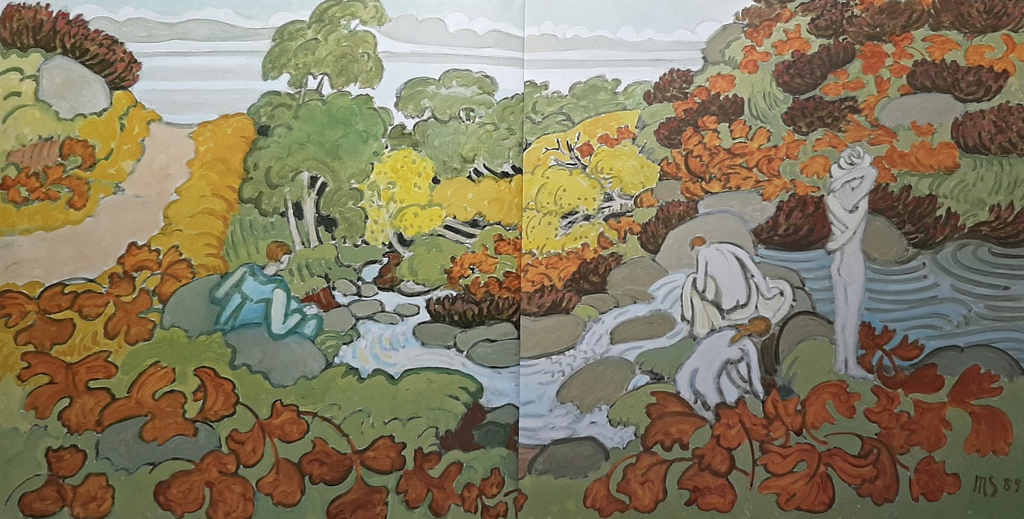 Painted landscape with stream and bathers Painted landscape with stream and bathers