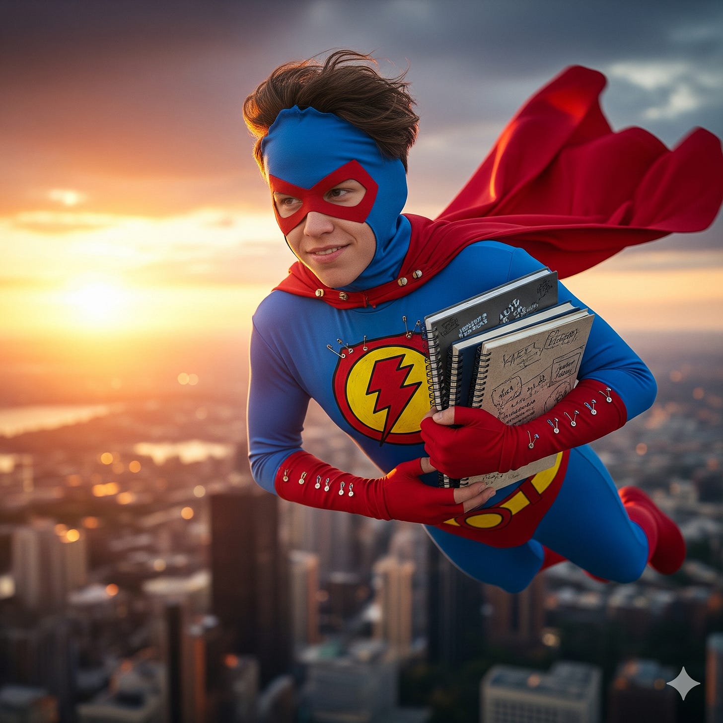 super hero in costume flying with notebooks clutched in her arms (super fans for writers)