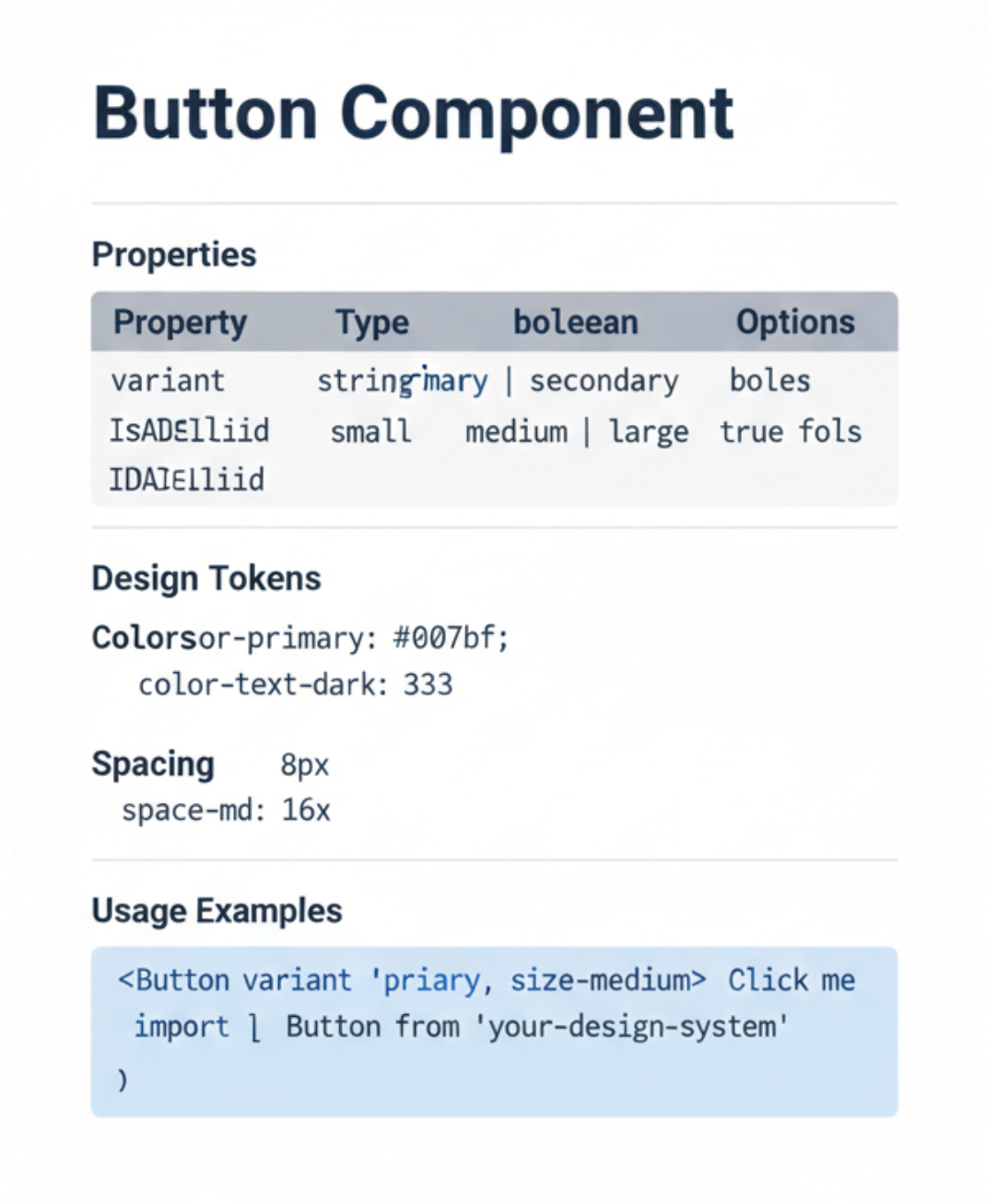 Example of automated component documentation showing properties table, design tokens, and usage guidelines generated by Claude