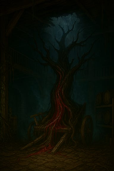A dark fantasy loading dock inside the Wizard of Wines Winery. At the room’s heart stands a broken wagon, its frame shattered and sunken into the earth. From the center of the wagon erupts a twisted tree, its bark blackened and gnarled, slick with blood-like sap that oozes in silent agony. The tree grows upward through a massive rupture in the ceiling, its branches vanishing into the storm-drenched dark above. The surrounding dock is overgrown and decayed, with vines crawling across the floor and raised wooden walkways lining the edges. Mist curls around the base of the tree, and faint lightning illuminates the upper rafters.